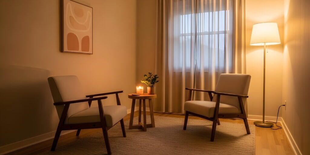 Serene and tranquil room designed for mental health support and calm reflection, offering a comforting space for mindfulness and well-being