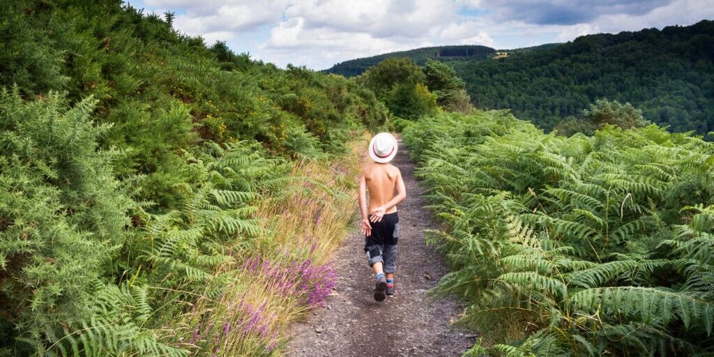 Child boy walking on a path in nature on a hot summer day, back view, Dartmoor, England, Uk